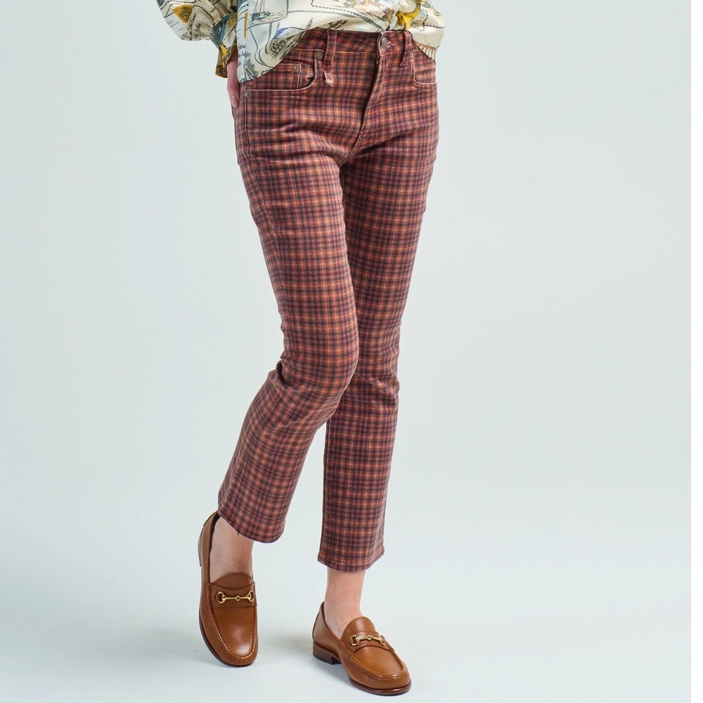 R13 Kick Fit Plaid Jeans Crop Flare Luxury Japanese Fabric Women's 24 Streetwear